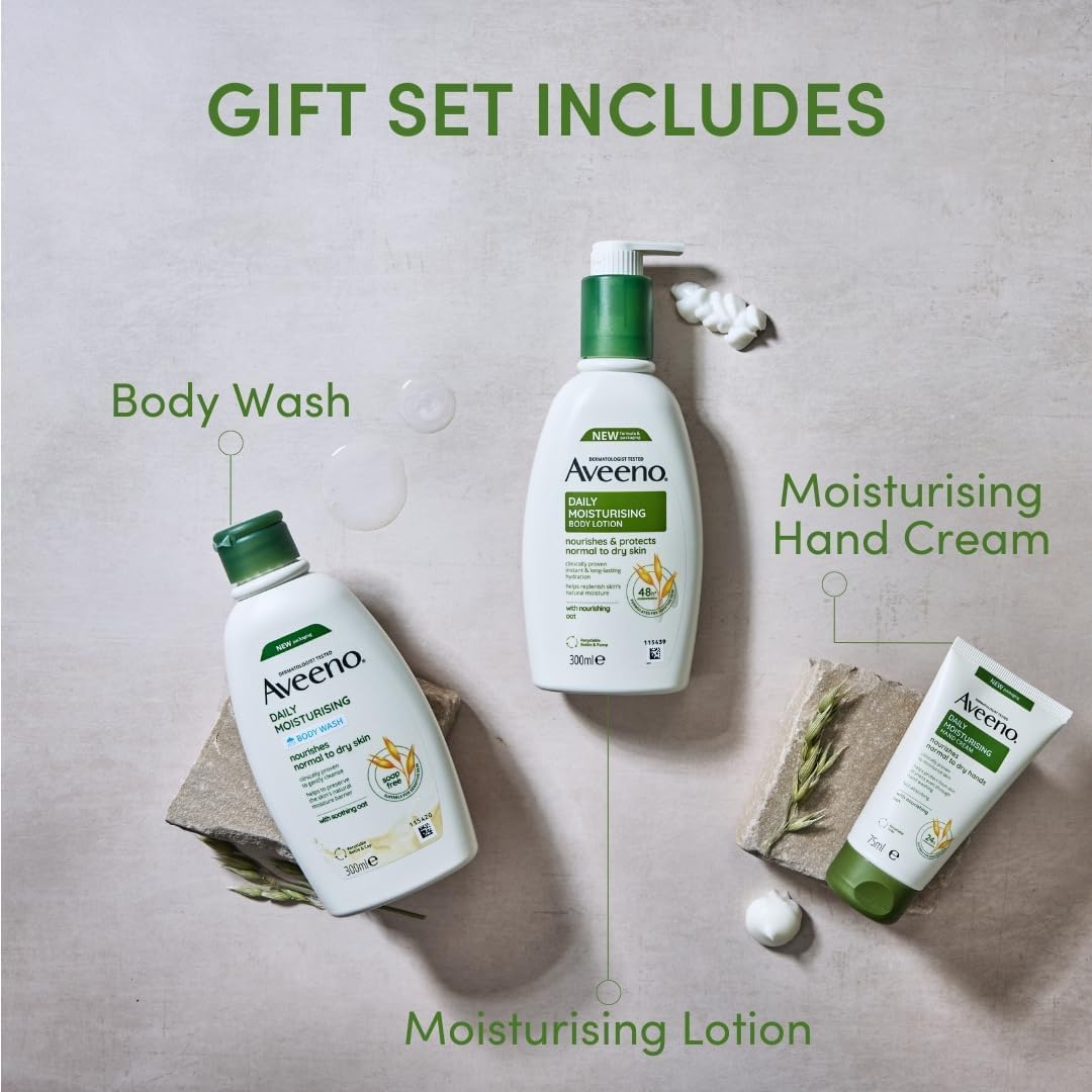 Aveeno Daily Moisturising Gift Set for Normal to Dry Skin, with Soothing Oat Extract, Body Wash 300ml + Body Lotion 300ml + Hand Cream 75ml, Pack of 3