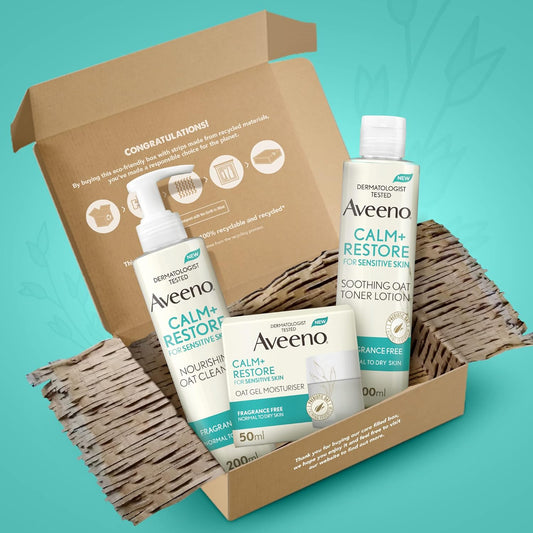 Aveeno Face Calm+Restore 3-Step Face Care Bundle, Gentle Skincare Bundle with Nourishing Oat Cleanser, Soothing Oat Toning Lotion, Oat Gel Moisturiser, For Sensitive Skin